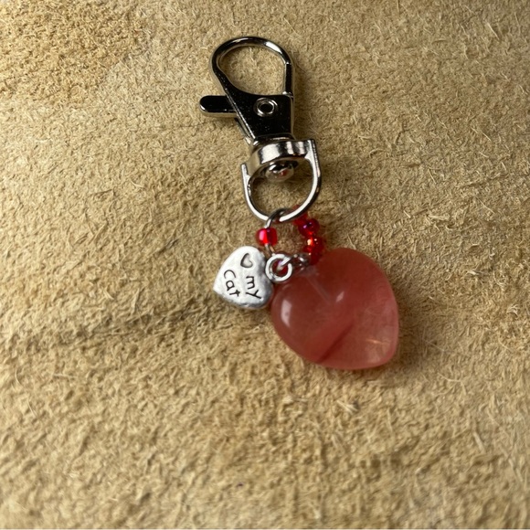 Natural Strawberry Quartz Crystal Charm With Love My Cat Charm Keychain - Picture 5 of 15